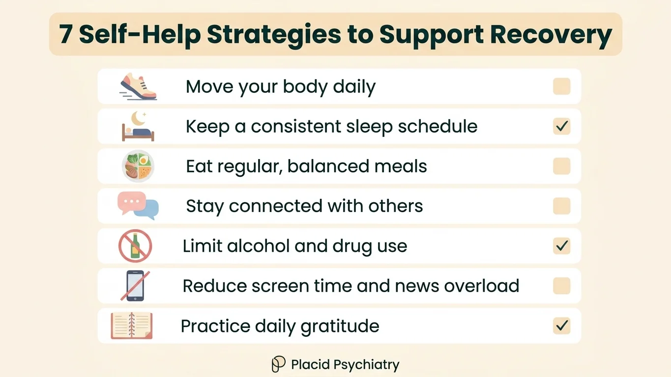 Checklist of 7 self-help strategies to support depression recovery including exercise, sleep, nutrition, and social connection