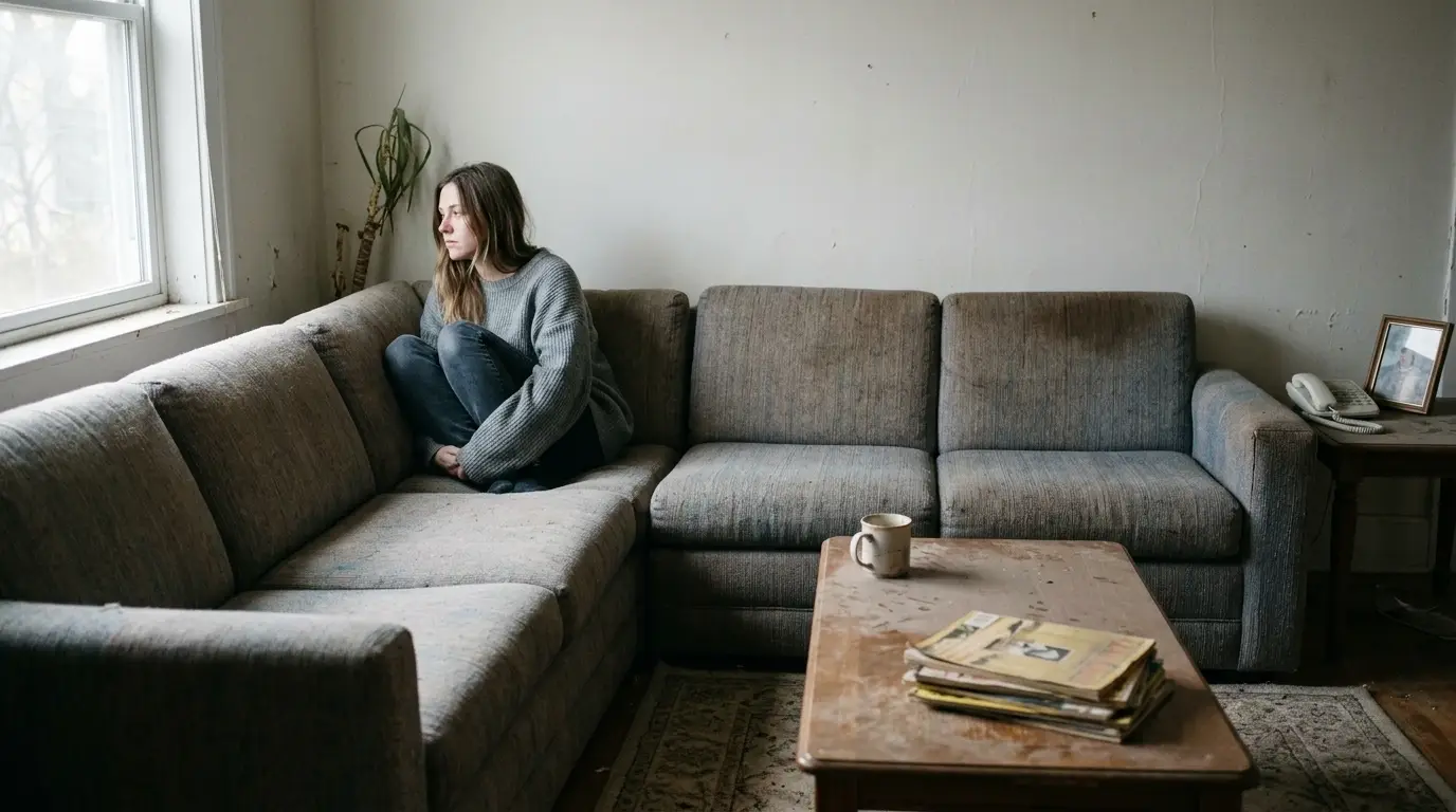 Person sitting alone on a sofa in a quiet living room, showing emotional withdrawal and isolation with a neglected and empty atmosphere, representing the effects of untreated depression over time.