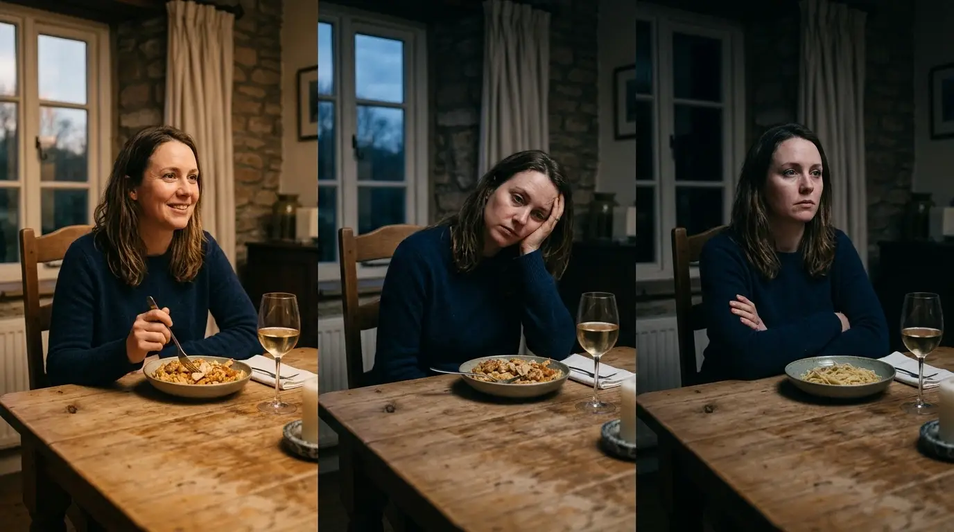 Same person shown in different stages of depression, starting with low mood and ending in emotional withdrawal, representing how depression can get worse over time in everyday life.