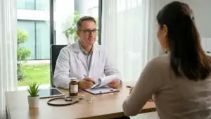 Can a Psychiatrist Prescribe Medication? Psychiatrist writing a medication prescription for a patient in a clinic