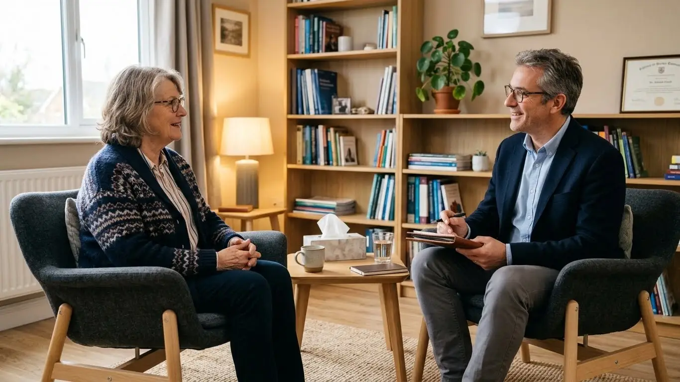 older adult in anxiety therapy session with psychiatrist in clinic