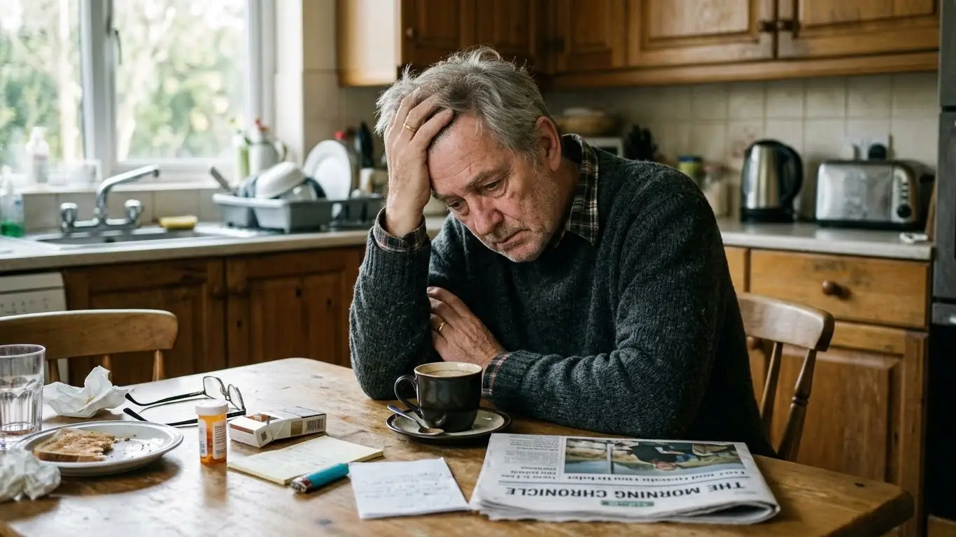 older man looking fatigued and overwhelmed by anxiety at kitchen table