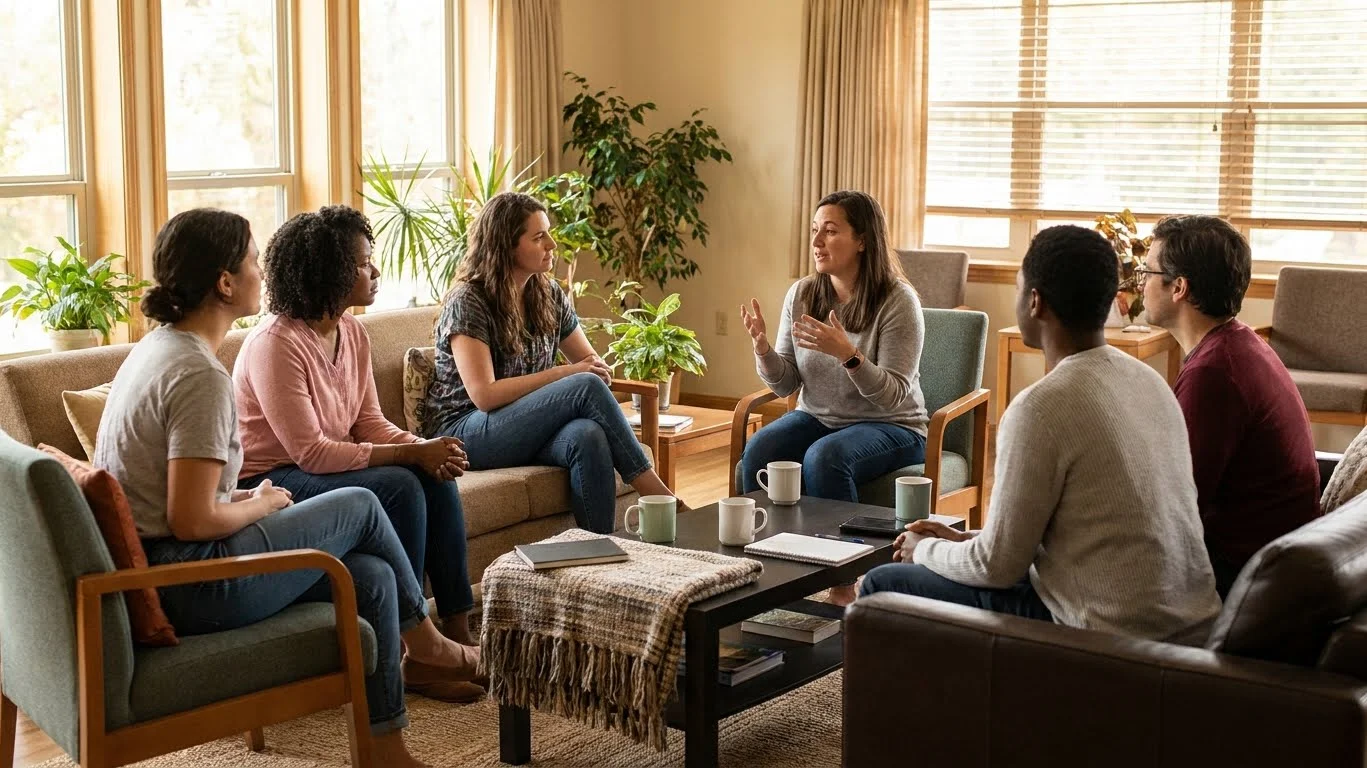 Trauma survivors building a support system through a community healing group session