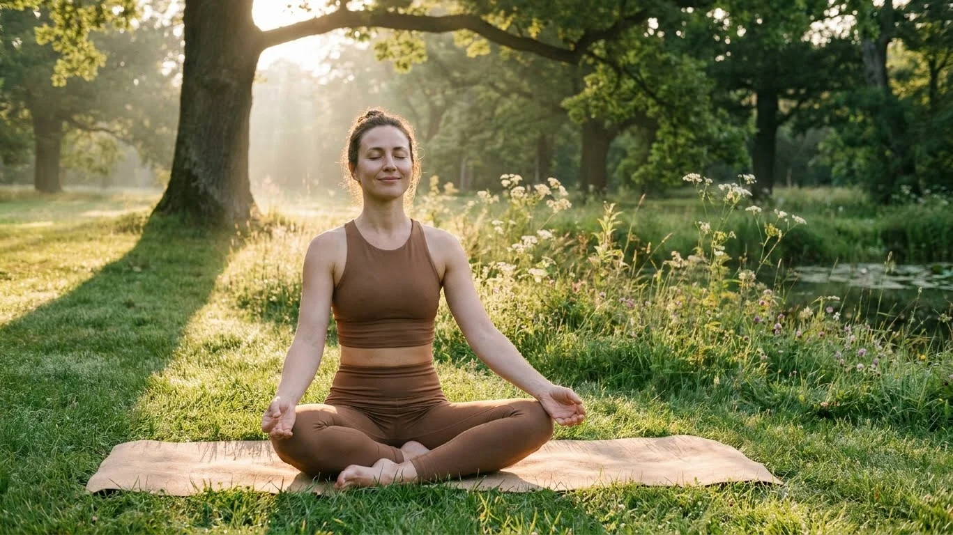 Woman practicing yoga outdoors as a natural self healing technique for childhood trauma recovery