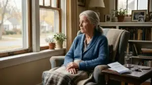 elderly woman with anxiety sitting alone by window near Placid Psychiatry appointment card