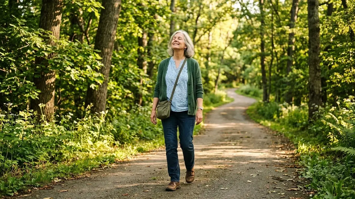 senior woman managing anxiety through morning walk in sunny park