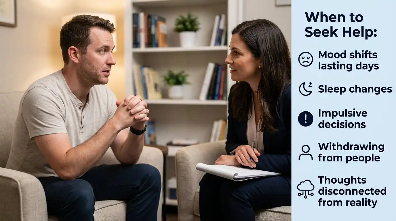 A white American man speaking with a psychiatrist in a warm US clinic office, with an infographic panel on the right listing five warning signs that it is time to seek a professional evaluation for bipolar disorder.