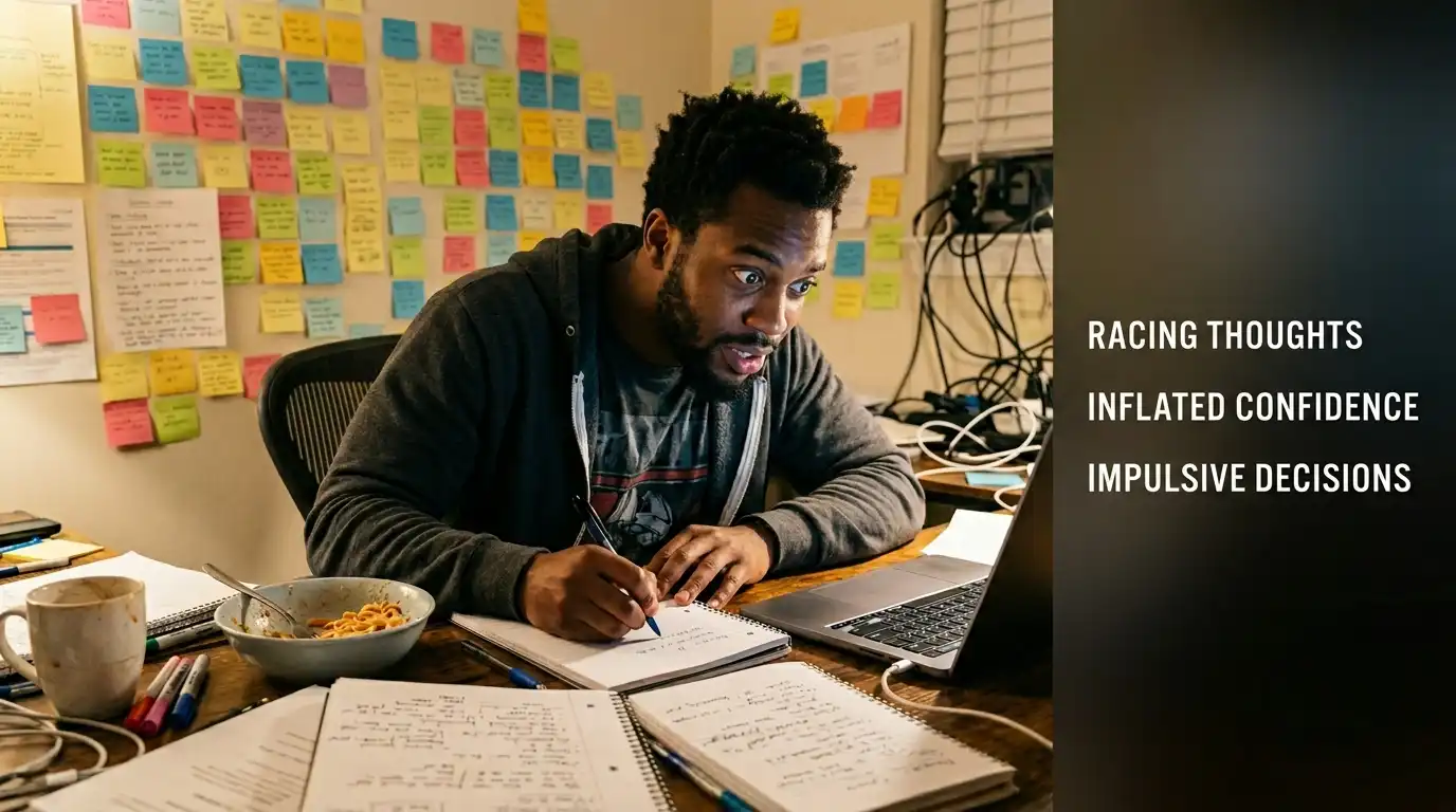 A Black American man writing rapidly at a cluttered desk late at night with an infographic overlay listing the key thinking patterns of a manic episode in bipolar disorder.