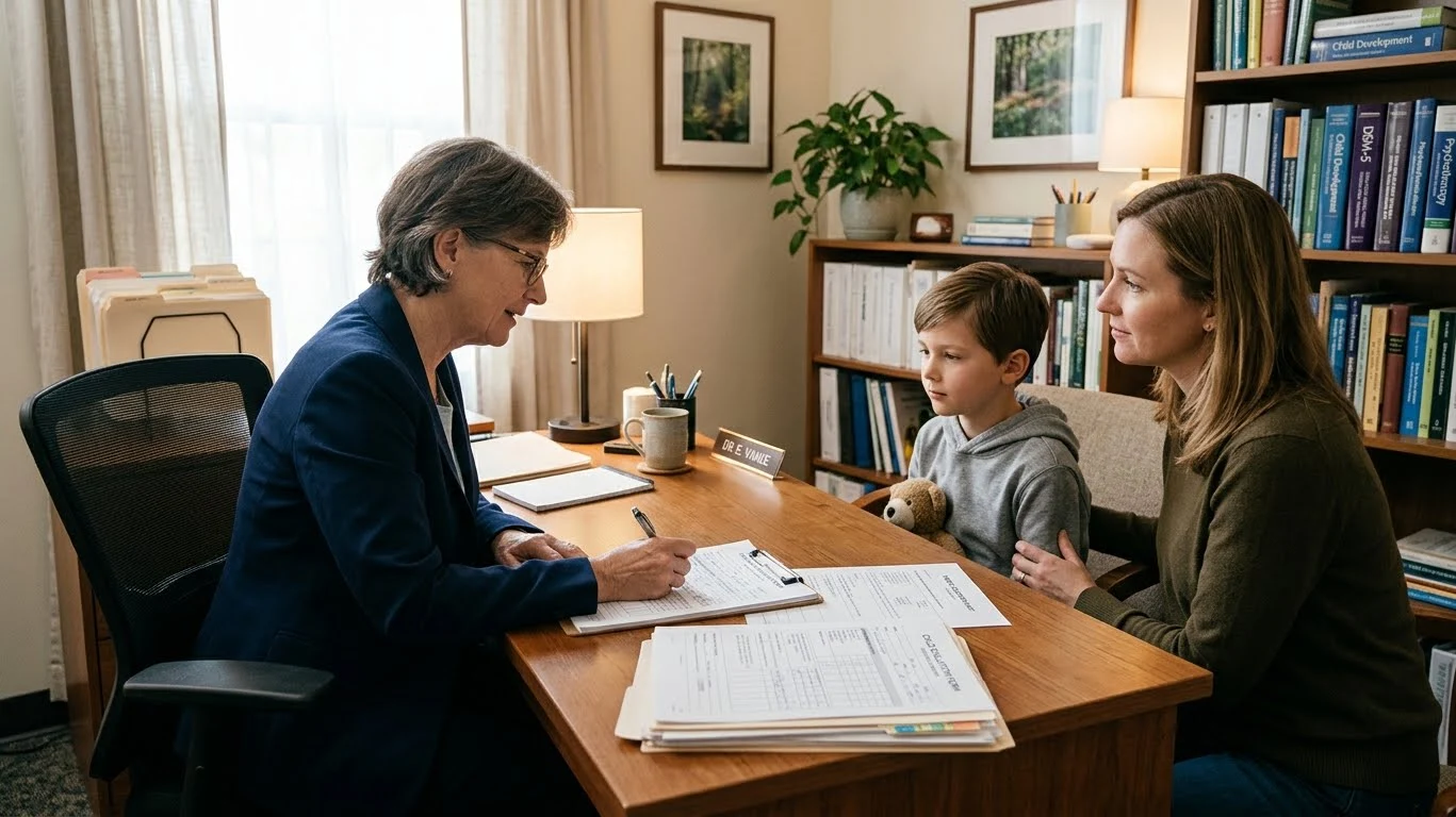 psychiatrist diagnosing ADHD through clinical evaluation with patient