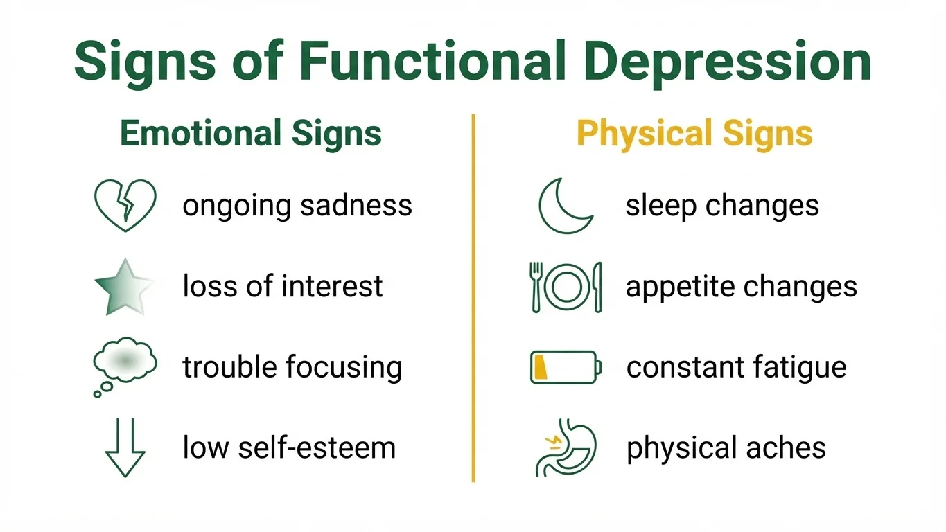 Infographic listing emotional and physical signs of functional depression
