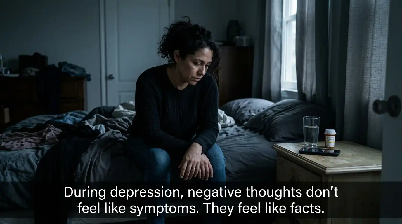 A Latino American woman sitting on the edge of an unmade bed in a dim room representing the mental fog, emotional heaviness, and distorted thinking of a bipolar depressive episode, with a quote overlay about how depressive thoughts feel real.