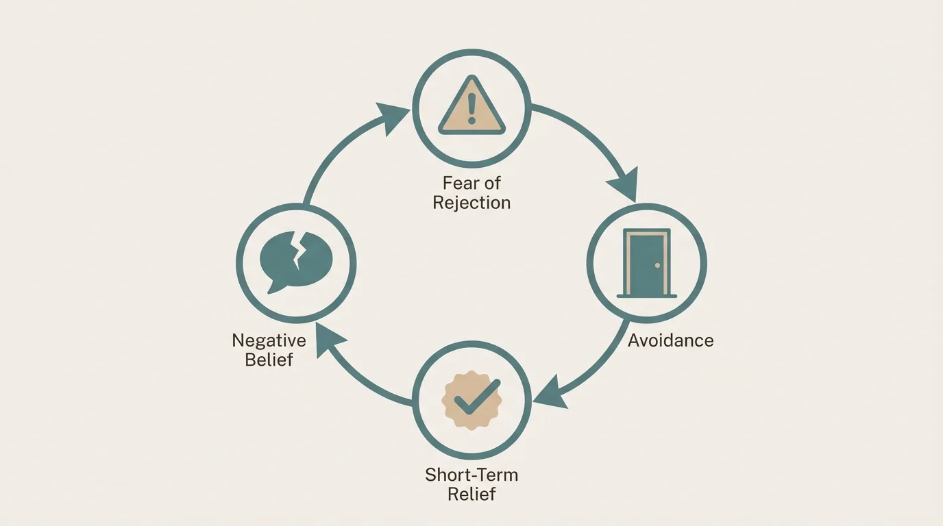 Diagram showing the avoidance and negative thought reinforcement cycle in AvPD