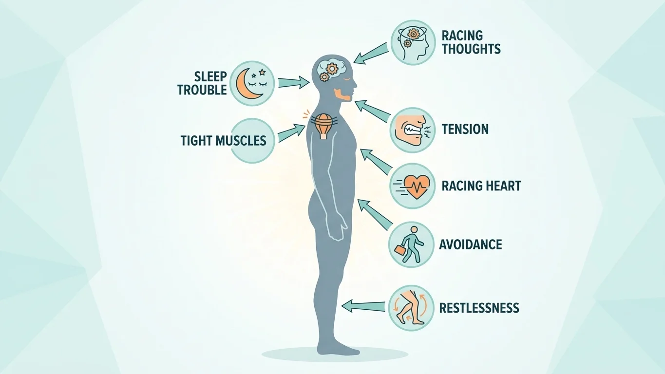 Common symptoms of anxiety infographic – racing heart, muscle tension, trouble sleeping, restlessness