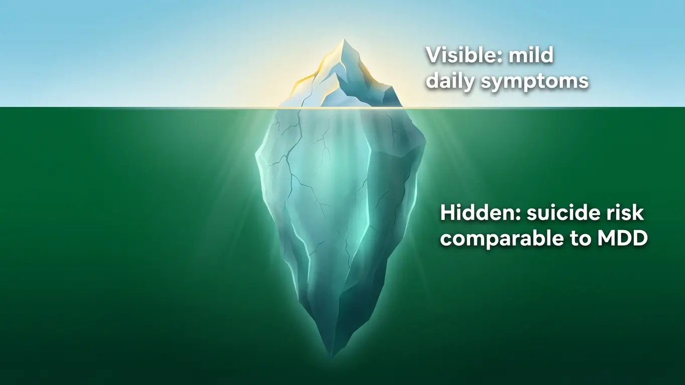 Iceberg illustration showing that persistent depressive disorder's mild visible symptoms hide a suicide risk comparable to major depressive disorder