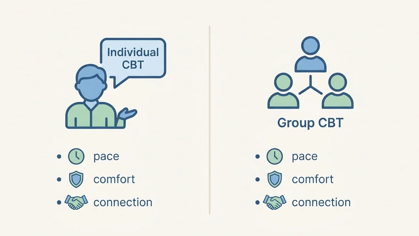 Comparison infographic of individual CBT versus group CBT for avoidant personality disorder