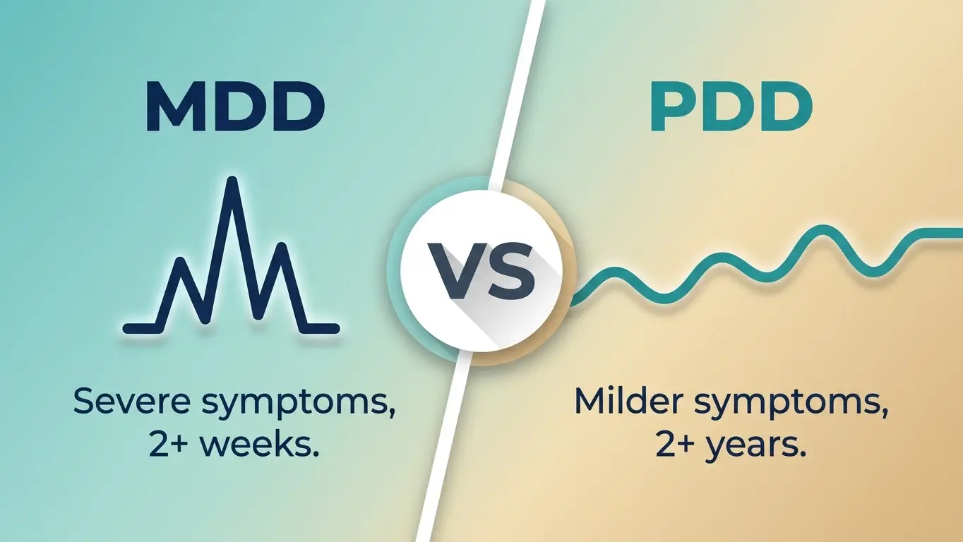 Calendar-based infographic contrasting a short intense MDD episode with the long-lasting mild symptoms of PDD