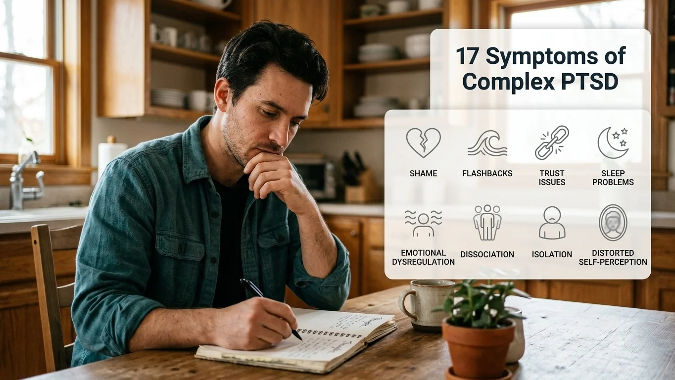 man journaling at home with an infographic overlay listing symptoms of Complex PTSD