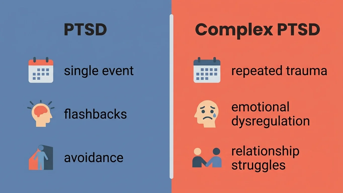 Side by side comparison infographic of PTSD versus Complex PTSD symptoms