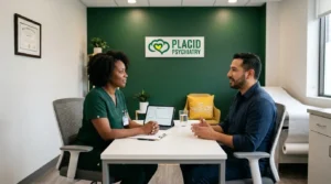 Patient and board-certified provider at Placid Psychiatry reviewing mood patterns while discussing major depressive disorder vs persistent depressive disorder