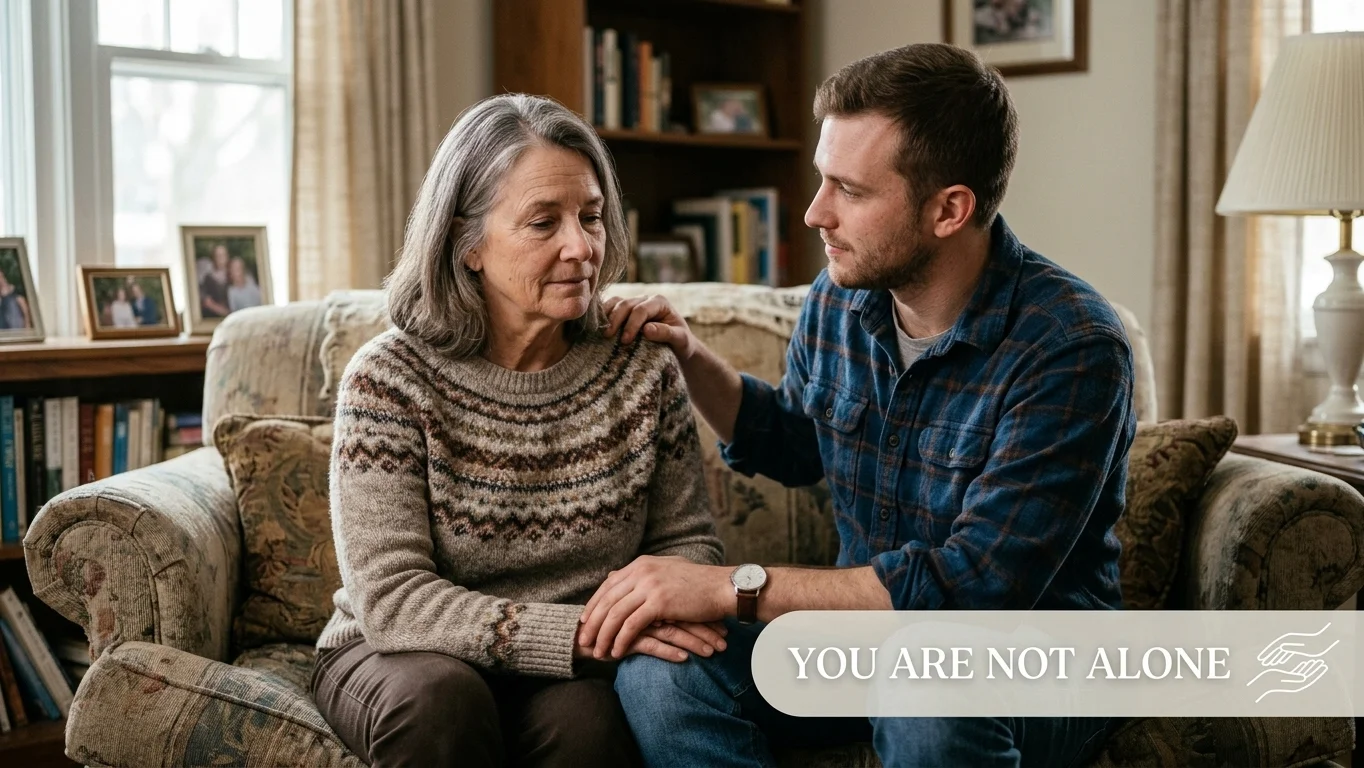 American family member comforting a loved one, banner text reads you are not alone