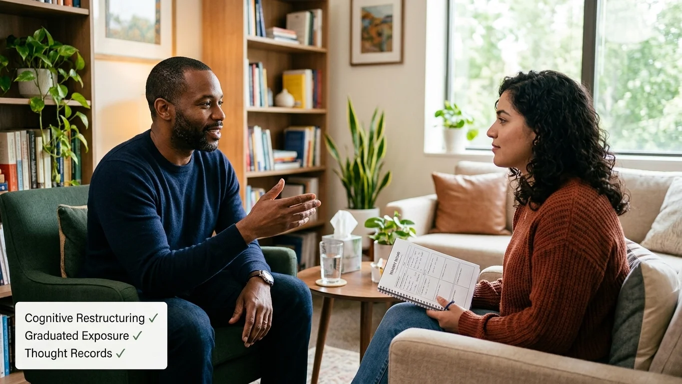 Therapist using CBT techniques like cognitive restructuring with a client for AvPD
