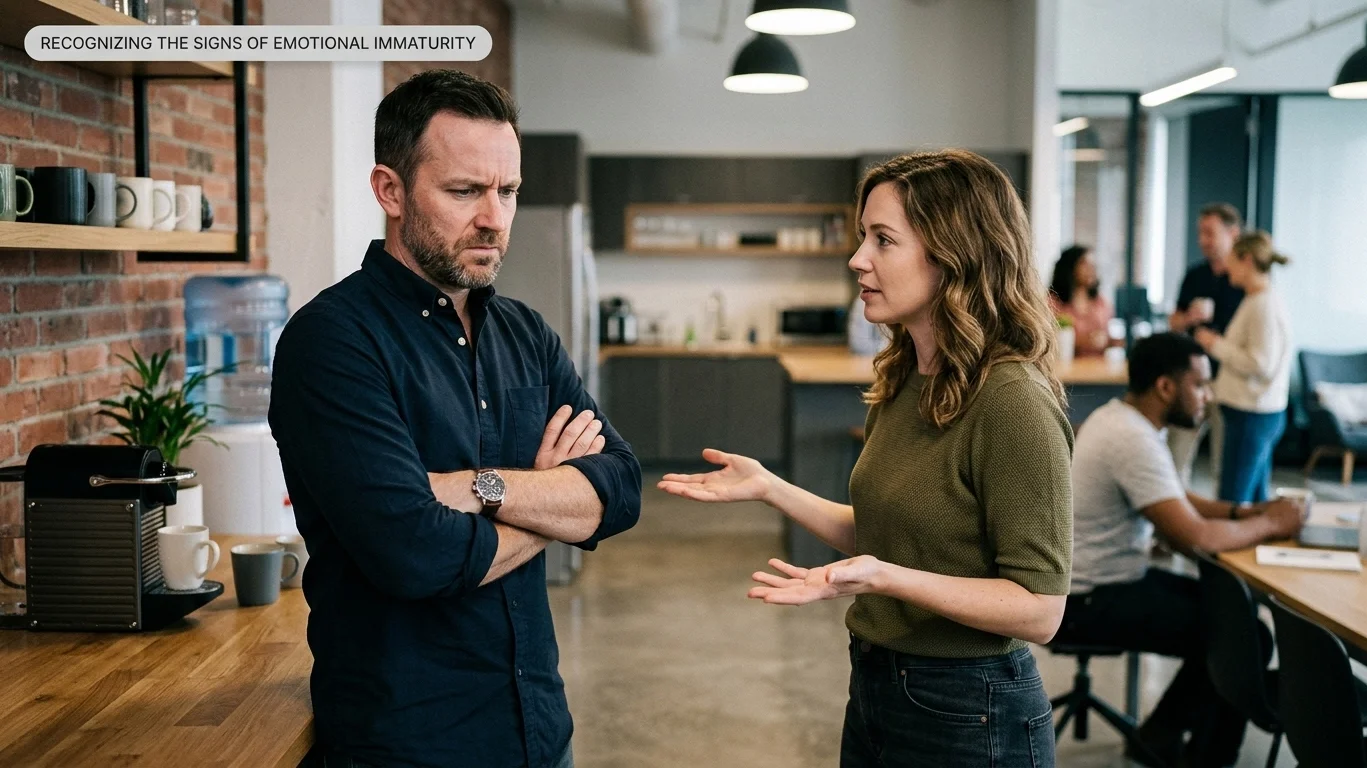 Coworker reacting defensively during a workplace disagreement, illustrating signs of emotional immaturity
