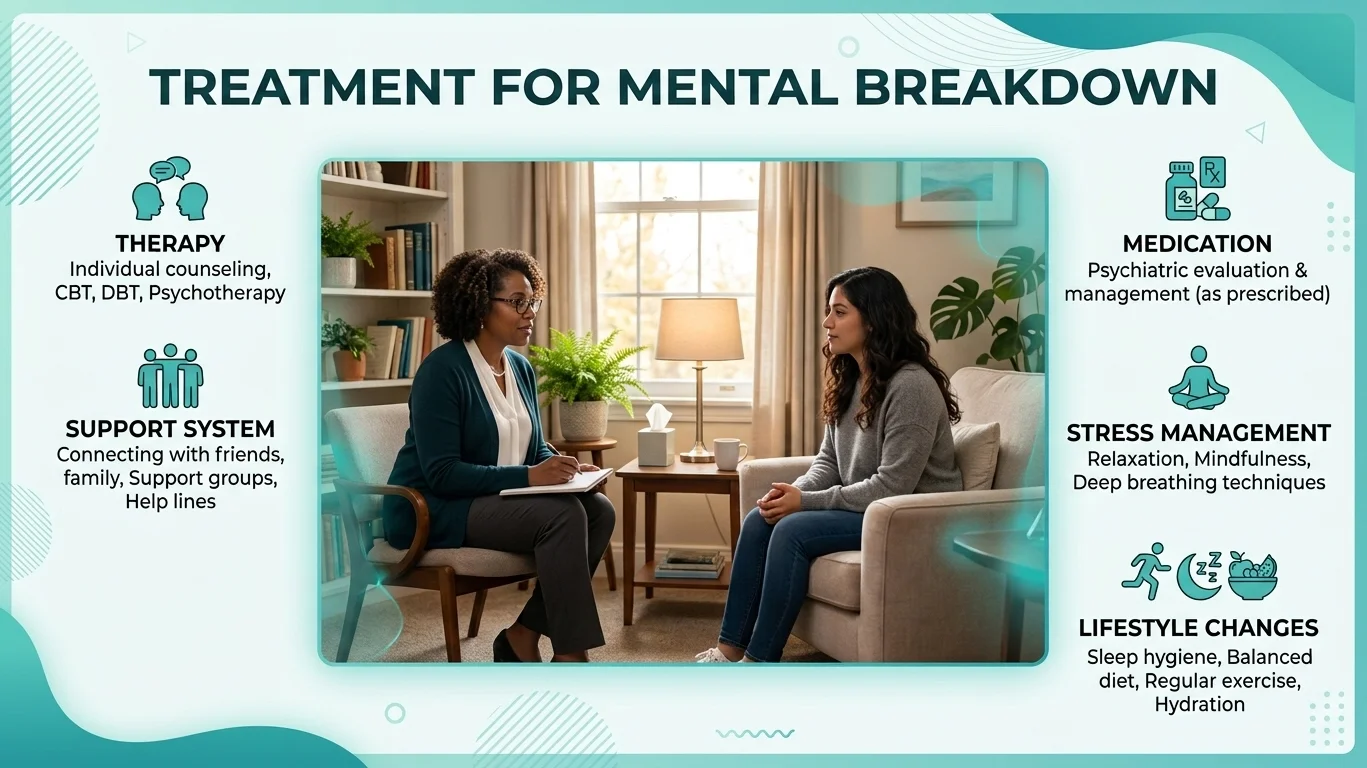 Therapist discussing treatment options for mental breakdown including therapy and medication