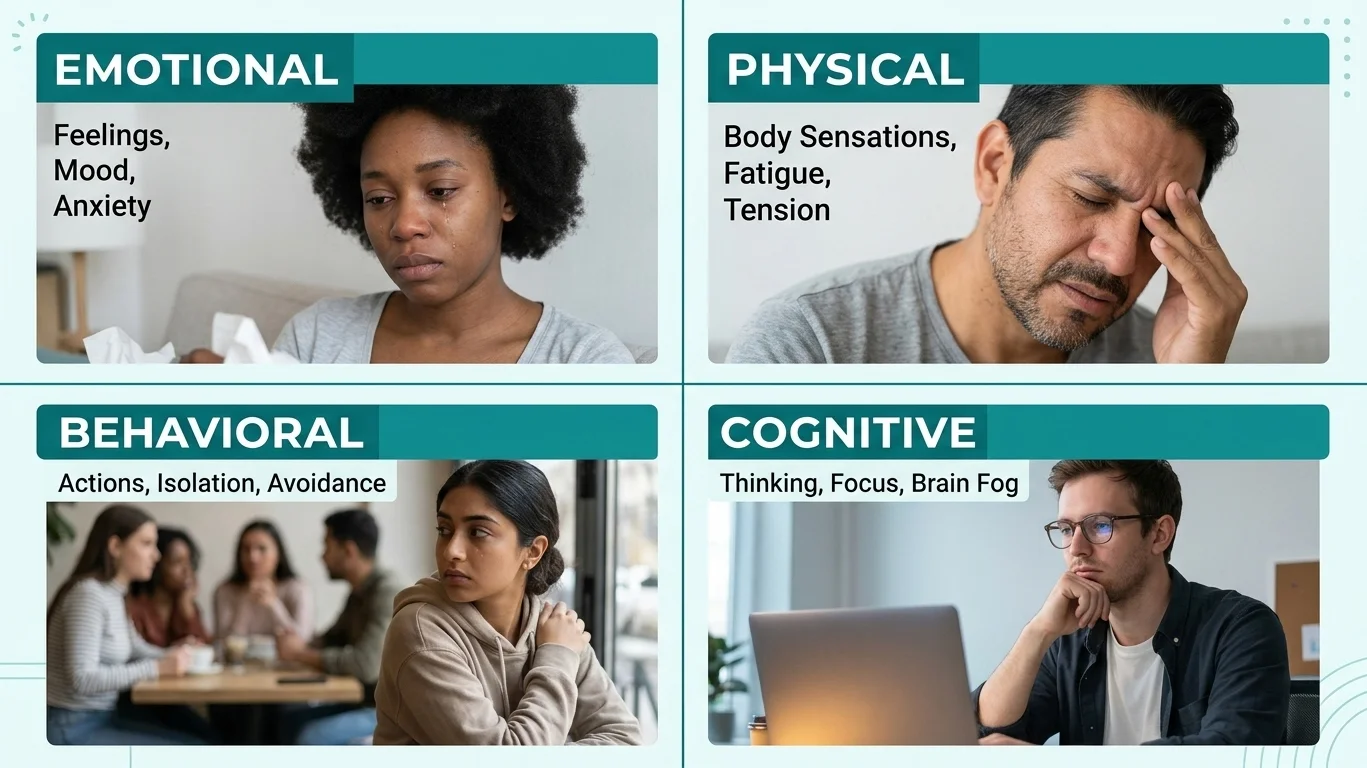 Four categories of mental breakdown symptoms: emotional, physical, behavioral, and cognitive