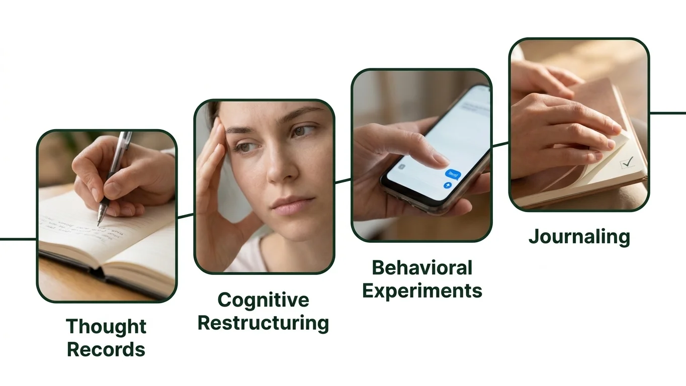 Timeline of CBT techniques for abandonment issues shown through real photo moments