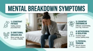 Person showing signs of exhaustion and overwhelm from a mental breakdown