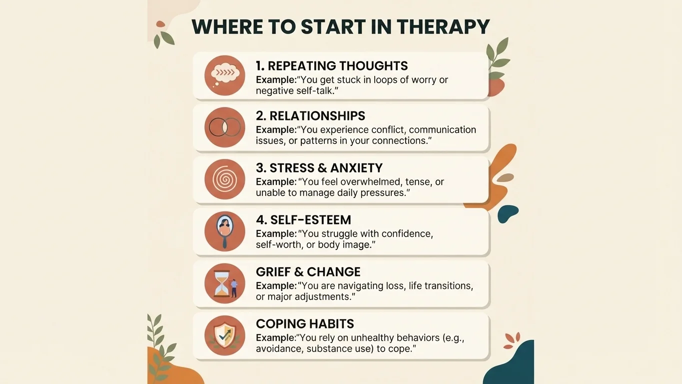 Checklist infographic of useful topics to begin discussing in therapy