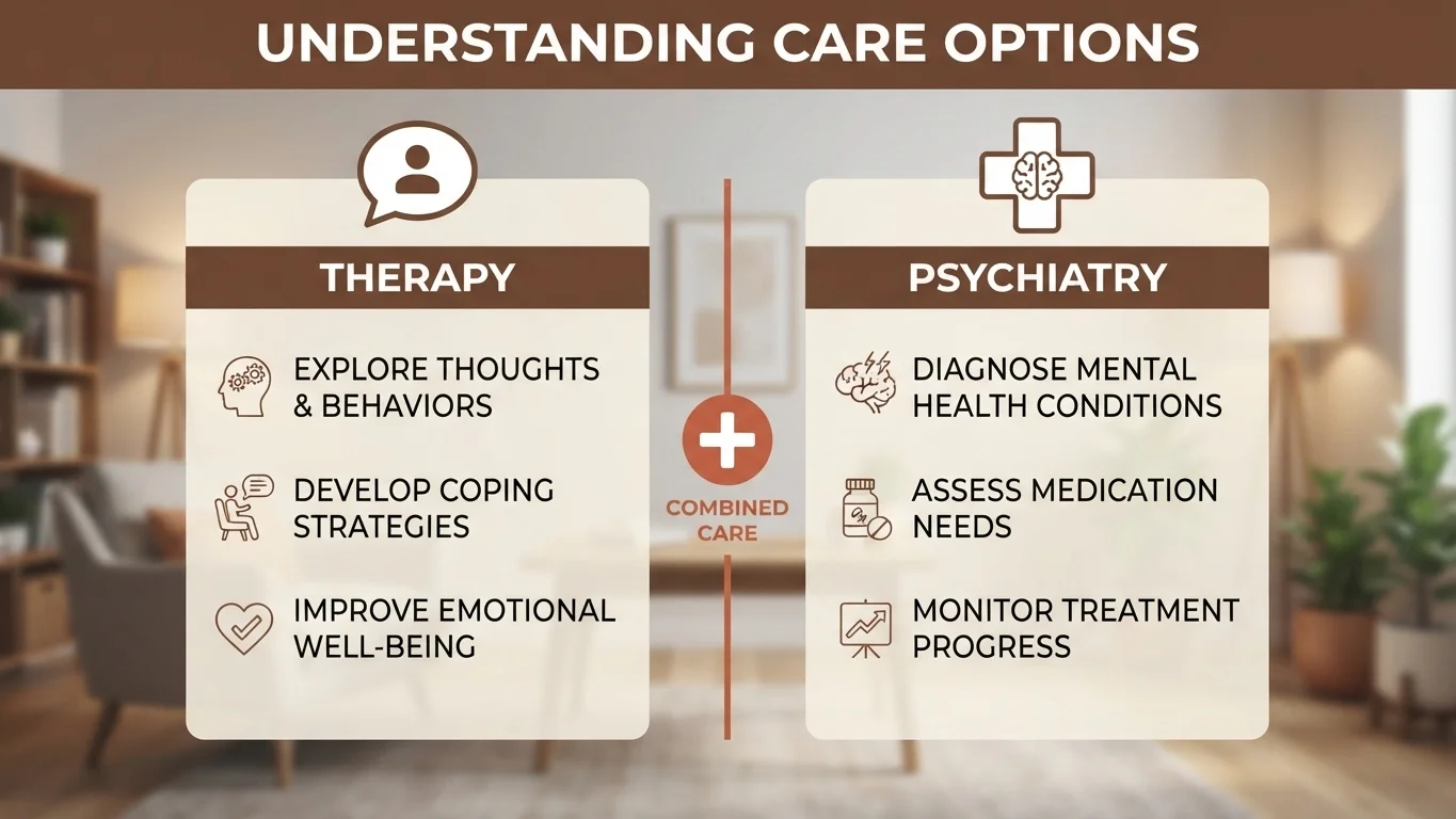 Comparison infographic explaining the difference between therapy and psychiatry