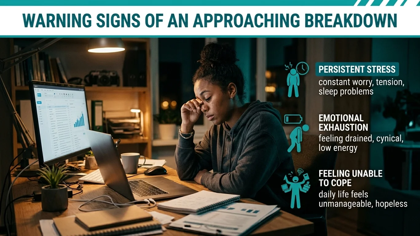 Warning signs of an approaching mental breakdown including exhaustion and persistent stress