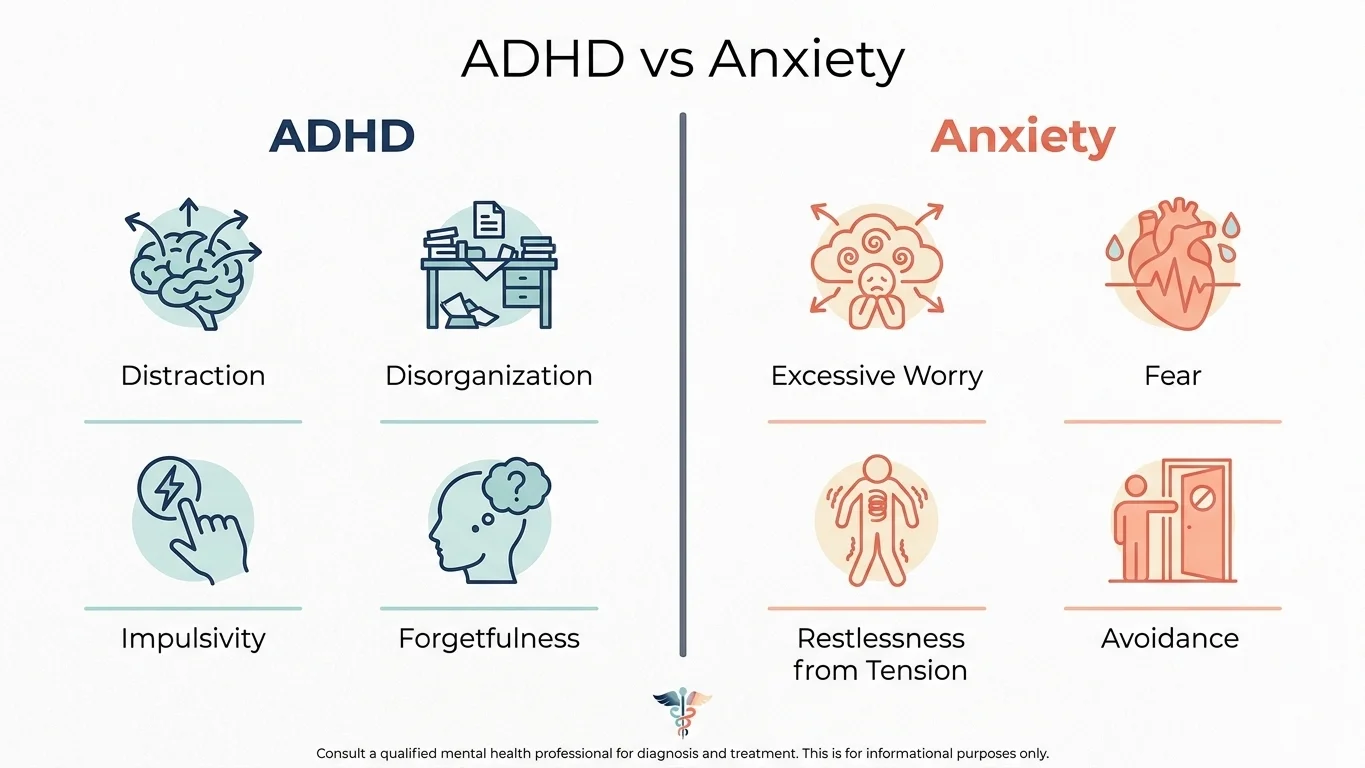 Side by side infographic comparing ADHD vs anxiety symptoms and traits
