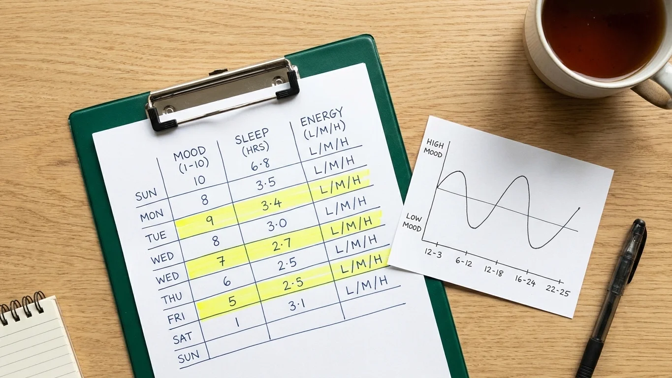 Handwritten mood and sleep log on a clipboard used to diagnose bipolar 1 vs bipolar 2
