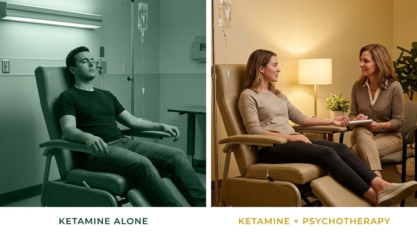 Visual comparison of plain ketamine treatment versus ketamine-assisted psychotherapy, which adds therapy before and after the session