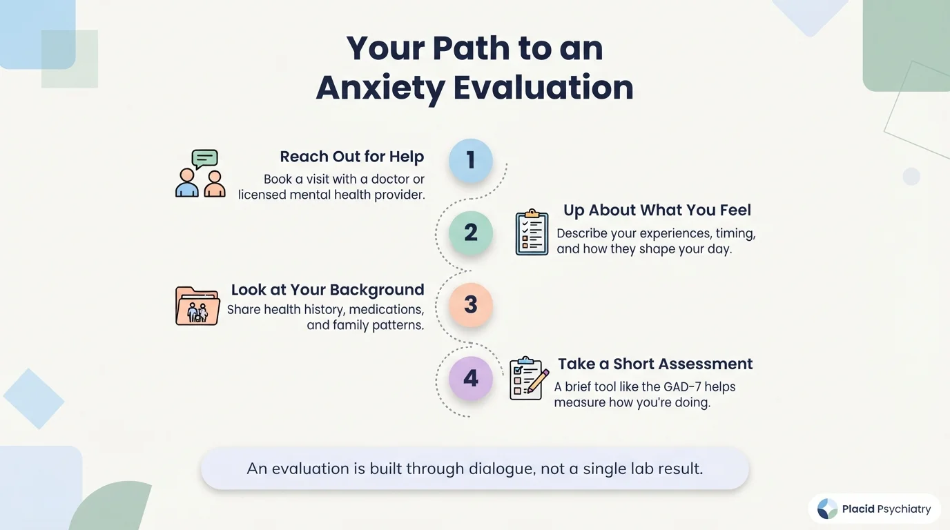 Step-by-step infographic outlining the pathway to receiving an anxiety disorder evaluation.
