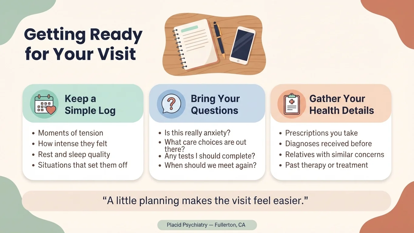 Infographic checklist guiding readers on how to get ready for a mental health evaluation.