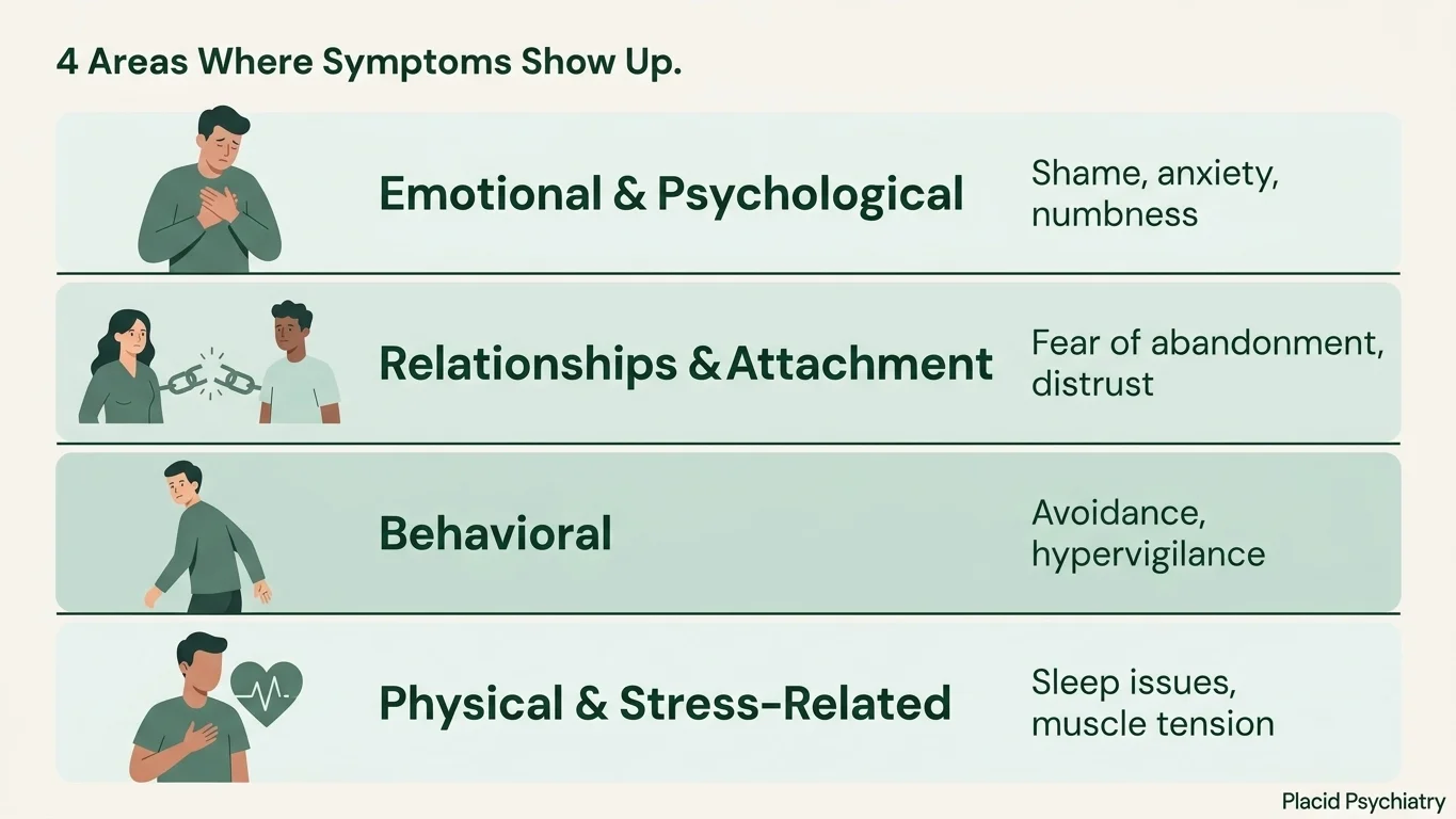 Symptoms of childhood trauma in adulthood by category infographic
