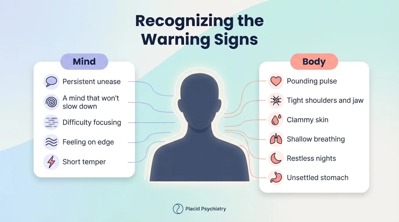 Infographic illustrating mental and physical warning signs linked to anxiety disorders.