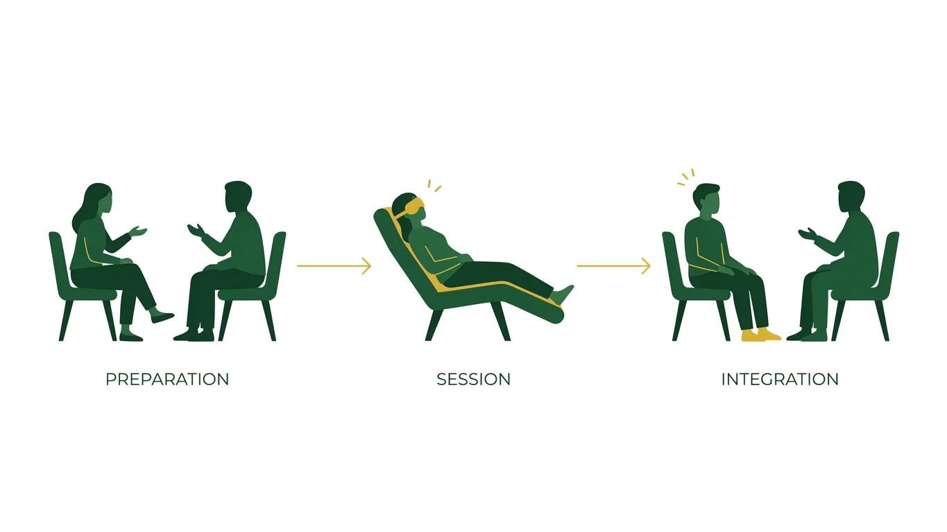 Simple process flow showing the three stages of a ketamine-assisted psychotherapy session: preparation, treatment, and integration