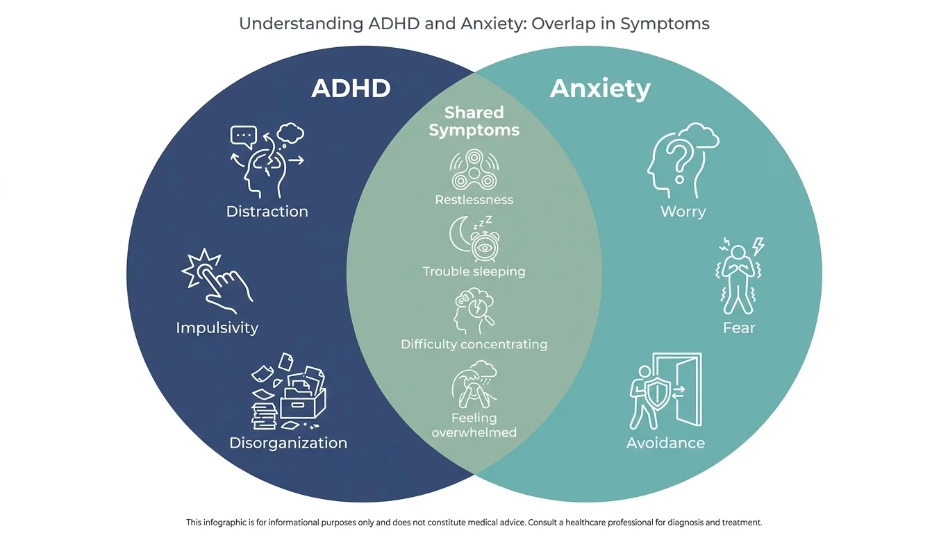 Venn diagram showing overlapping symptoms between ADHD and anxiety