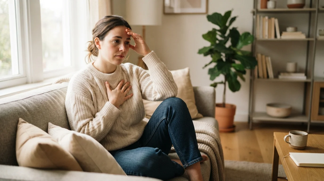 Young woman sitting on a couch showing common signs of anxiety, including restlessness and racing thoughts.