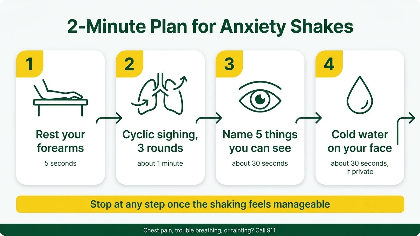 Four-step 2-minute plan for anxiety trembling: rest forearms, cyclic sighing, name 5 things, cold water on face