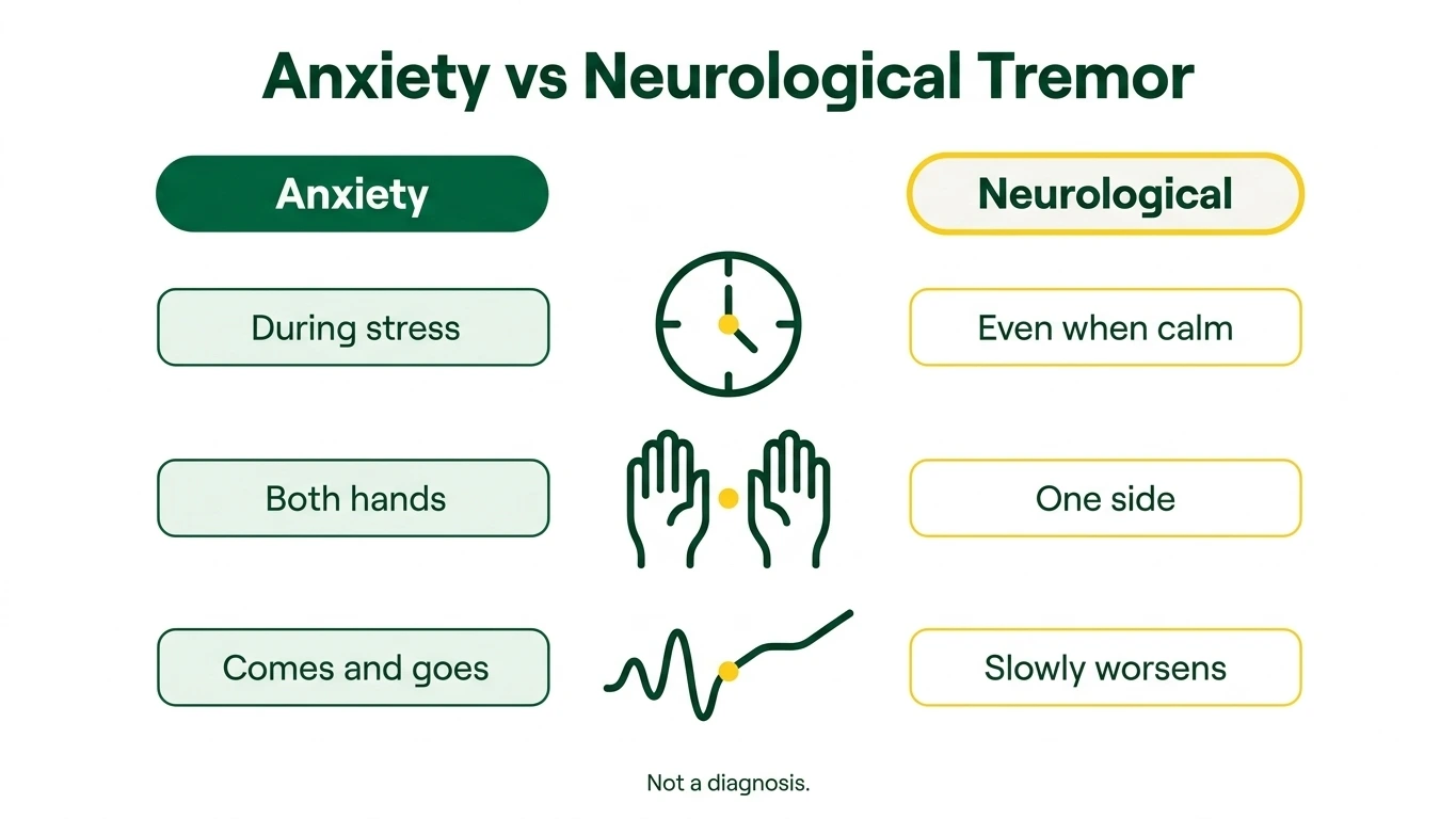 Comparison chart of anxiety tremor and neurological tremor by timing, which hands shake, and change over time