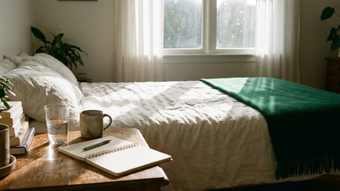 Sunlit bedside table with made bed, water glass, and journal, a sign of depression recovery routines returning