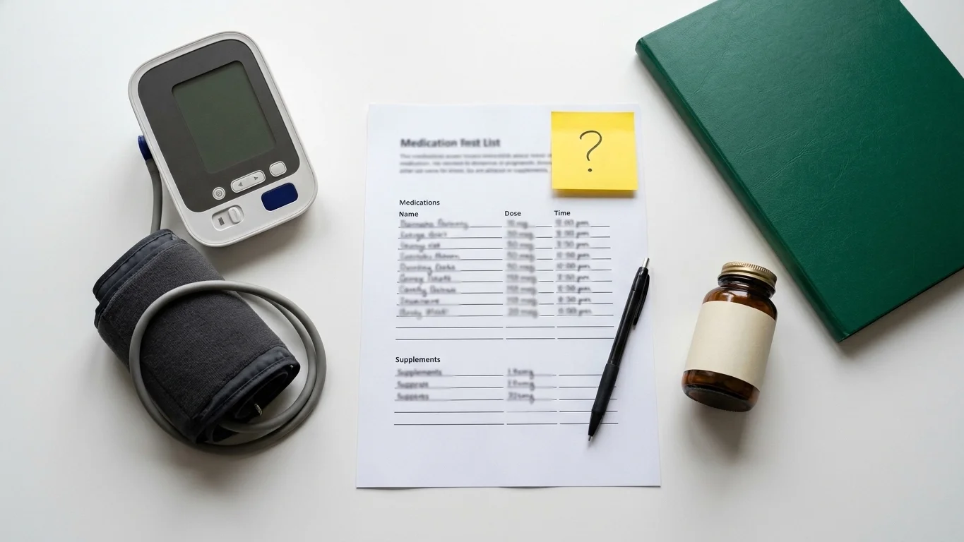 Blood pressure monitor and medication list on a desk to review SSRI and SNRI safety