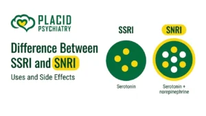 Placid Psychiatry banner on the difference between SSRI and SNRI showing serotonin and norepinephrine