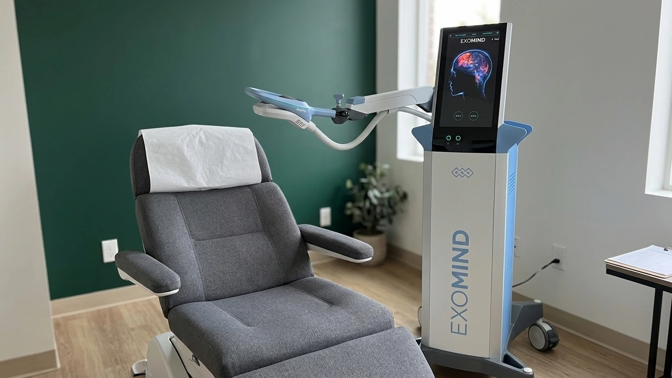 TMS coil for anxiety treatment beside an empty chair in a psychiatry clinic room