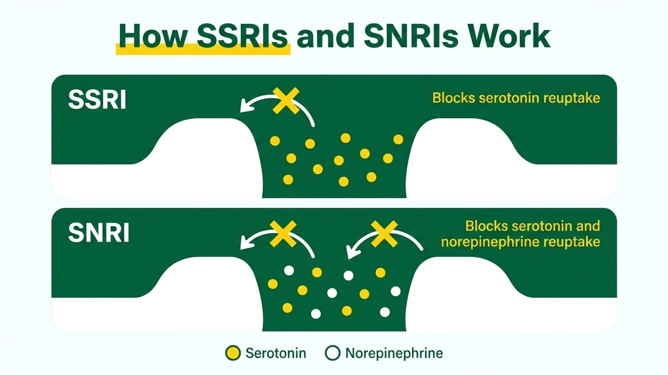 Diagram showing how SSRIs block serotonin reuptake and SNRIs also block norepinephrine reuptake